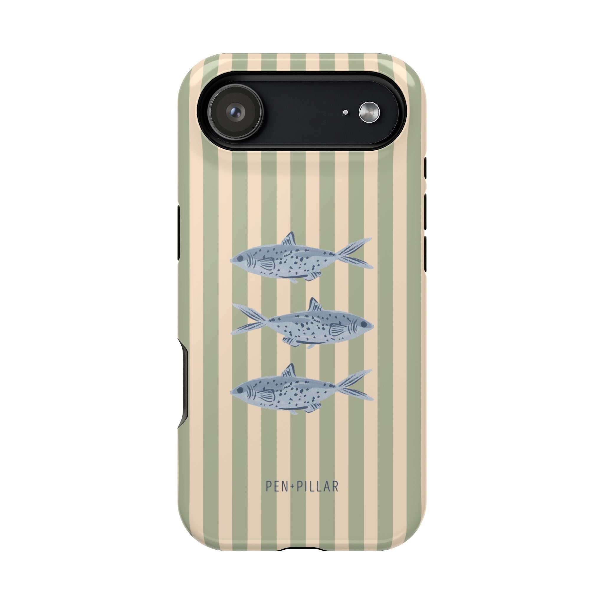 Sea Stripes iPhone case featuring a striped design with blue fish illustrations on a light background.