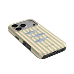 Sea Stripes iPhone case featuring a cream and beige striped design with three illustrated fish.