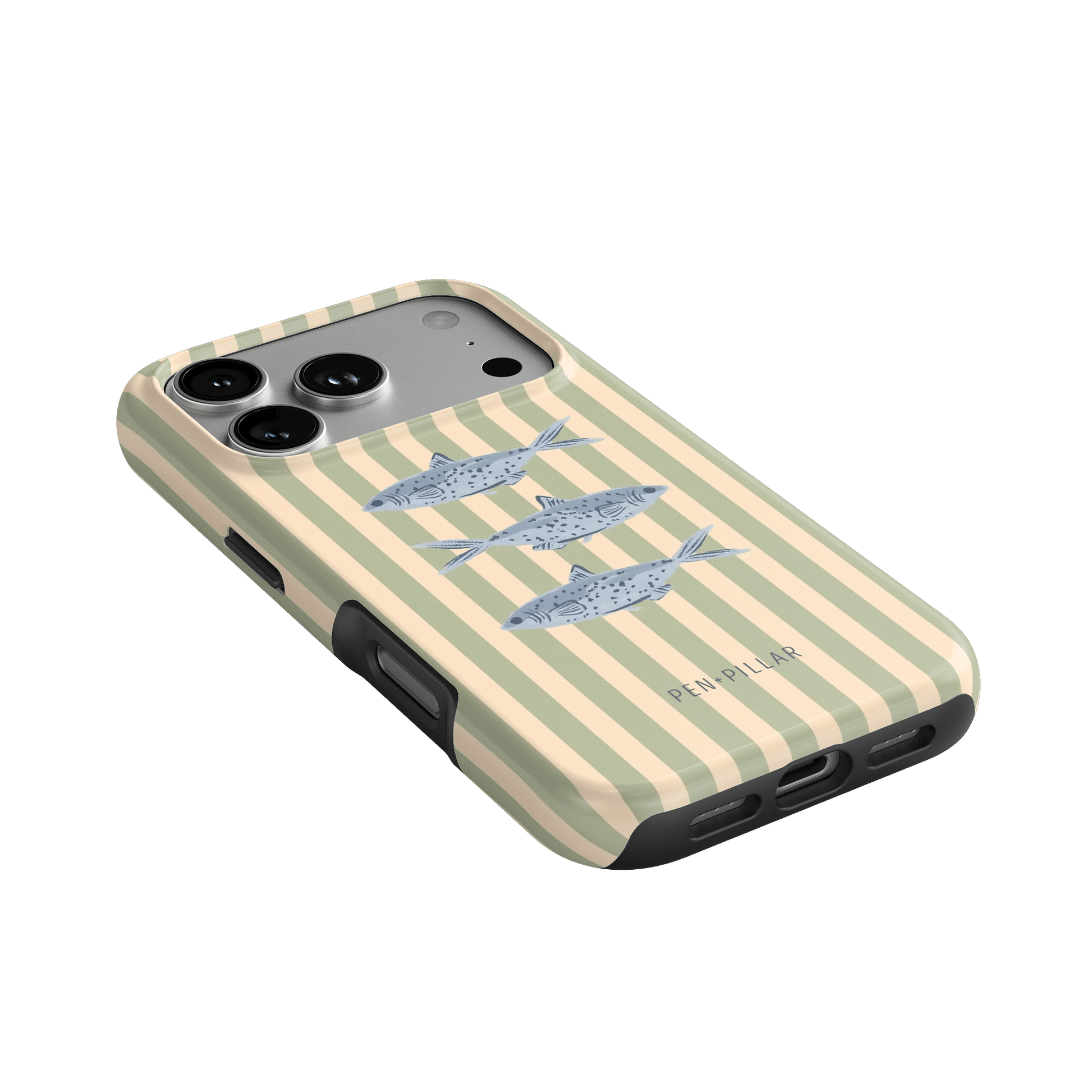 Sea Stripes iPhone case featuring a cream and beige striped design with three illustrated fish.