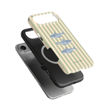 Sea Stripes iPhone case featuring a striped design with fish illustrations in blue and beige colors.