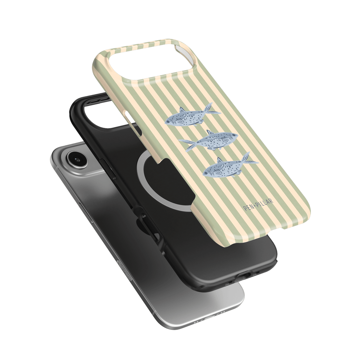 Sea Stripes iPhone case featuring a striped design with fish illustrations in blue and beige colors.