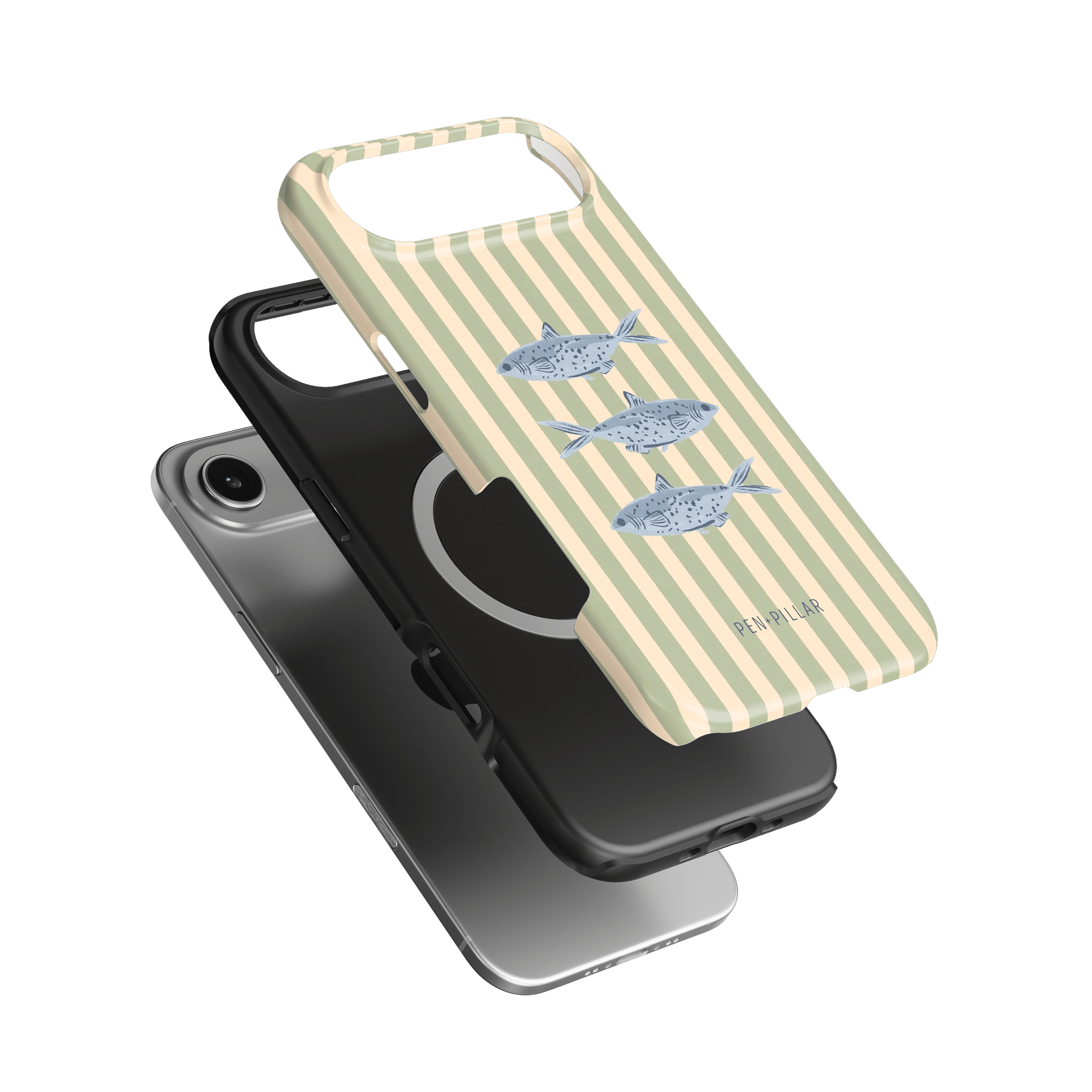 Sea Stripes iPhone case featuring a striped design with fish illustrations in blue and beige colors.