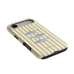 Sea Stripes iPhone case featuring a beige background with blue striped fish design and black edges.