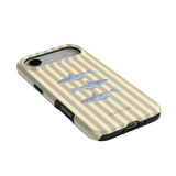 Sea Stripes iPhone case featuring a beige background with blue striped fish design and black edges.
