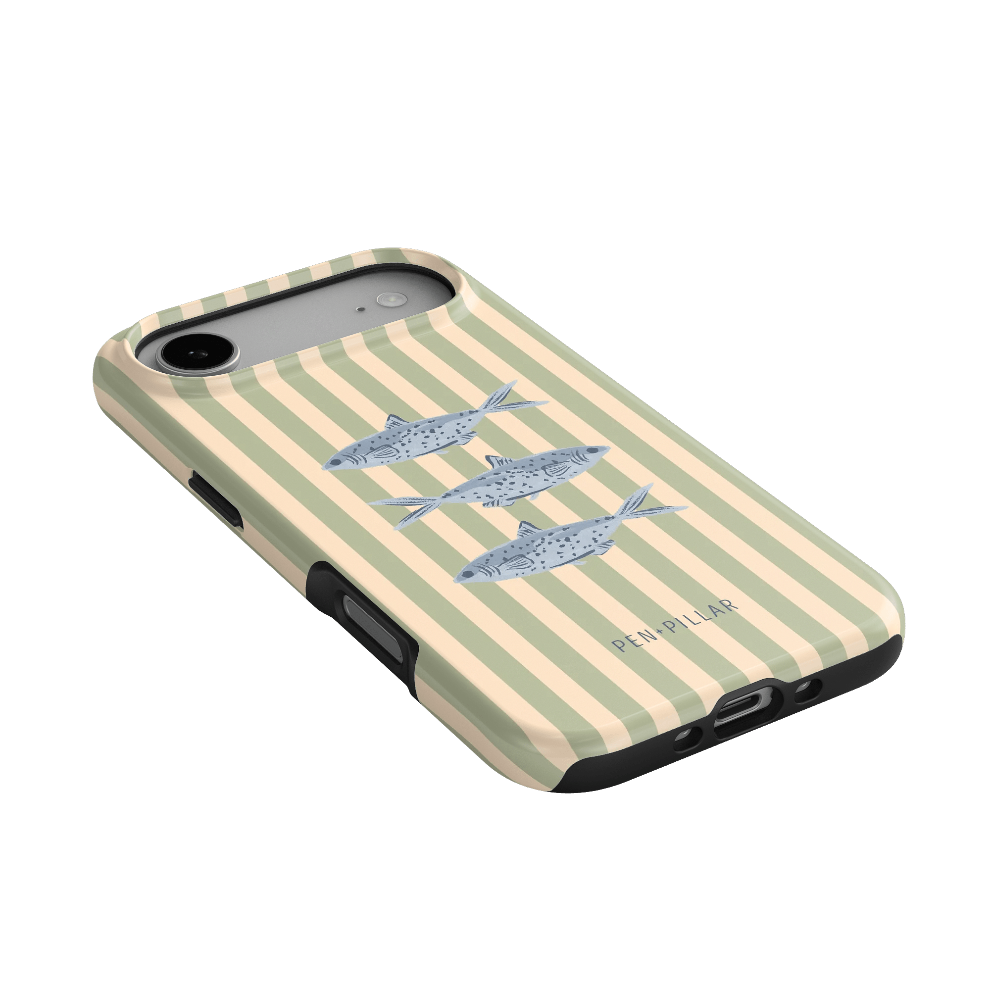 Sea Stripes iPhone case featuring a beige background with blue striped fish design and black edges.