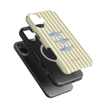 Sea Stripes iPhone case featuring a striped design with blue fish illustrations on a light background.