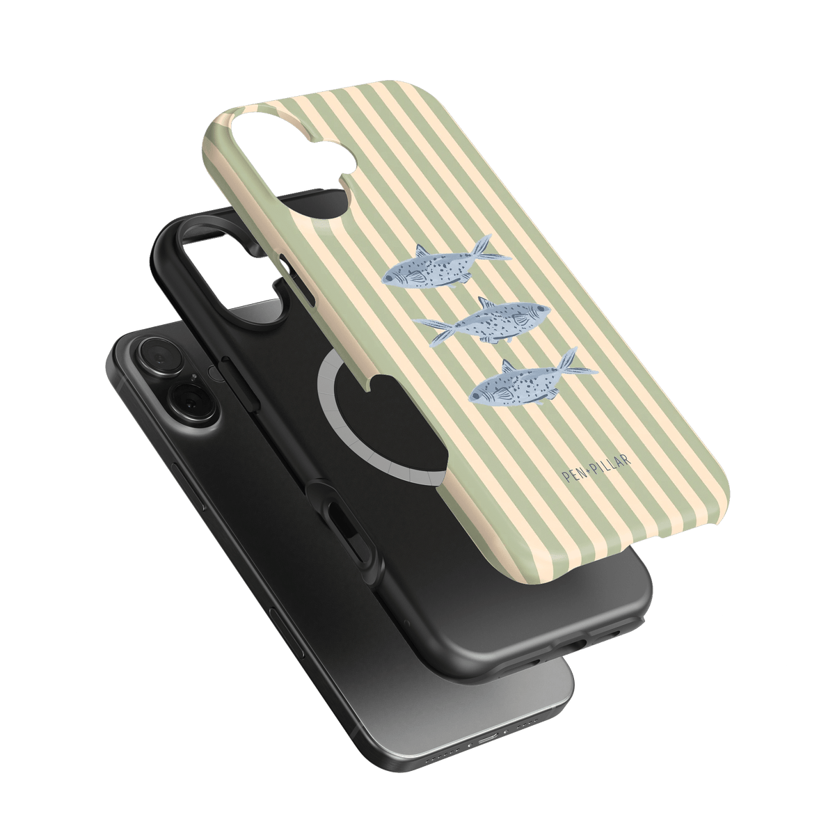 Sea Stripes iPhone case featuring a striped design with blue fish illustrations on a light background.
