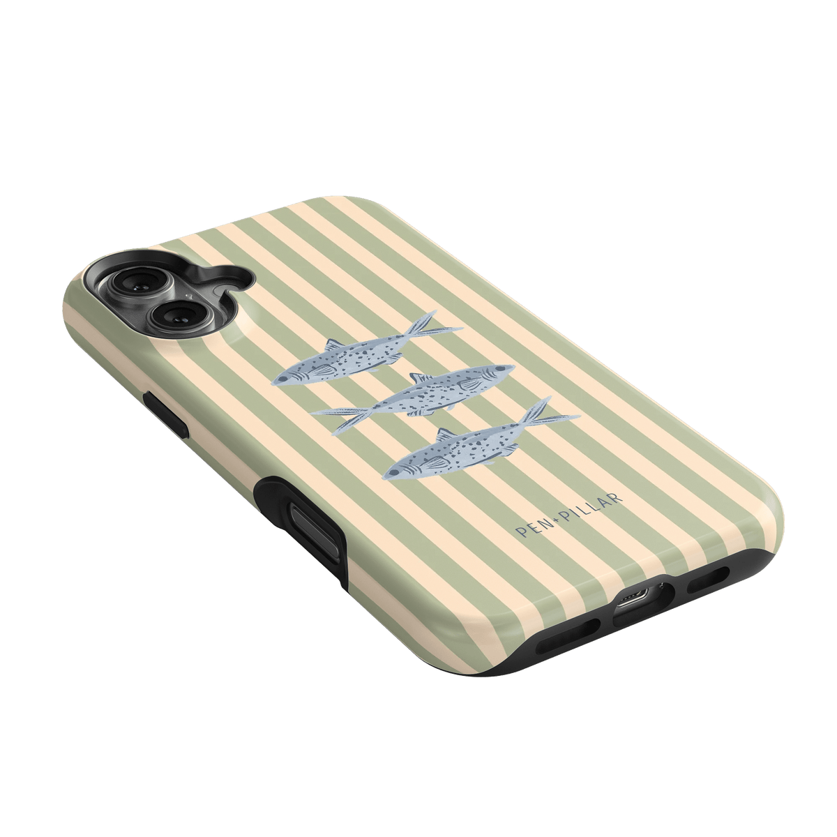 Sea Stripes iPhone case featuring a beige striped design with blue fish illustrations on the back.