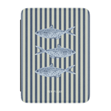 Sea Stripes Kindle case featuring blue fish on a striped background in light blue and navy colors.