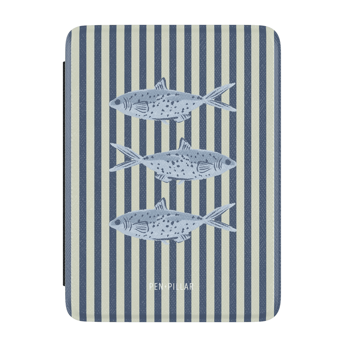 Sea Stripes Kindle case featuring blue fish on a striped background in light blue and navy colors.