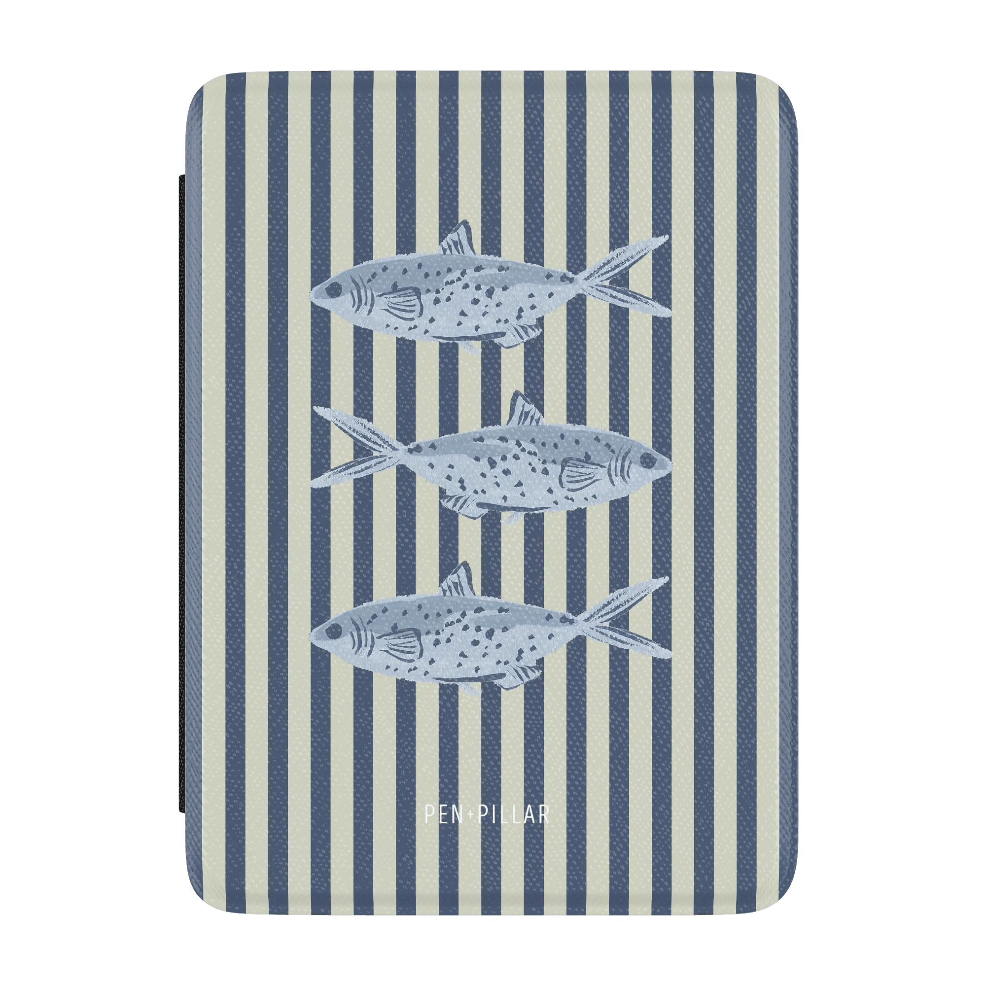 Sea Stripes Kindle case featuring blue fish on a striped background in light blue and navy colors.