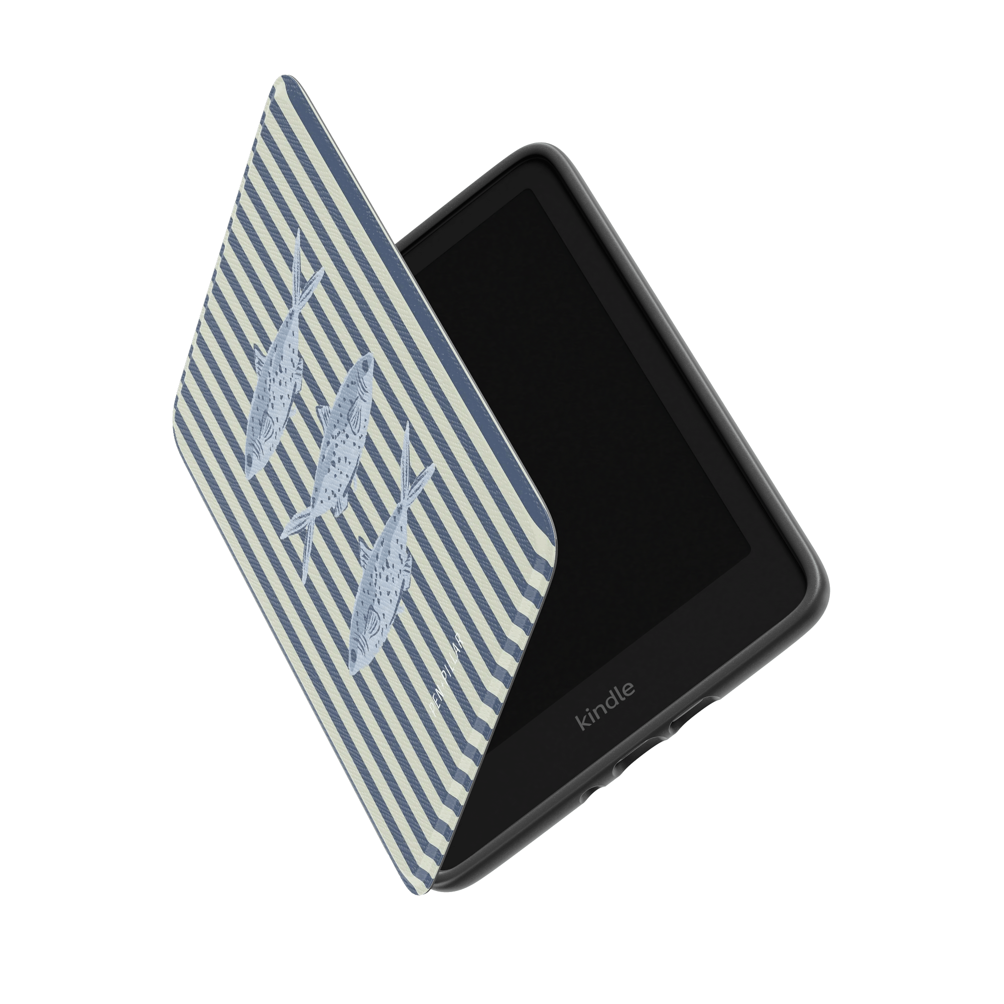 Sea Stripes Kindle case with a blue and white striped design featuring fish, partially open to show the screen.