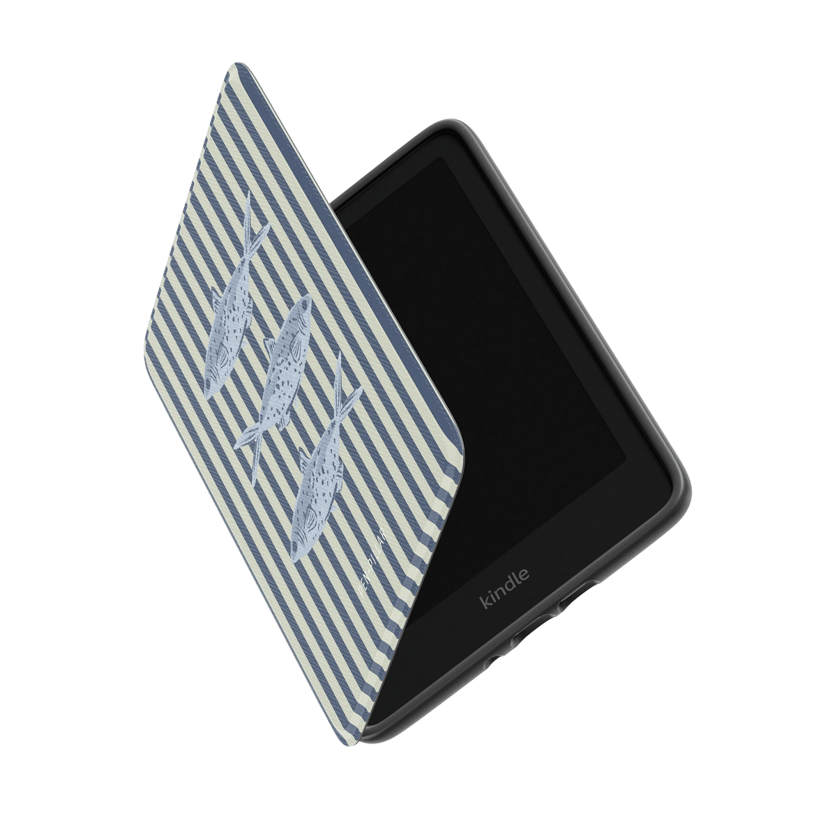 Sea Stripes Kindle case with a blue and white striped design featuring fish, partially open to show the screen.