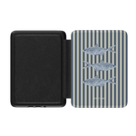 Sea Stripes Kindle case featuring a striped design with fish illustrations in blue and gray tones, open view.