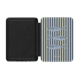 Sea Stripes Kindle case featuring a striped design with fish illustrations in blue and gray tones, open view.