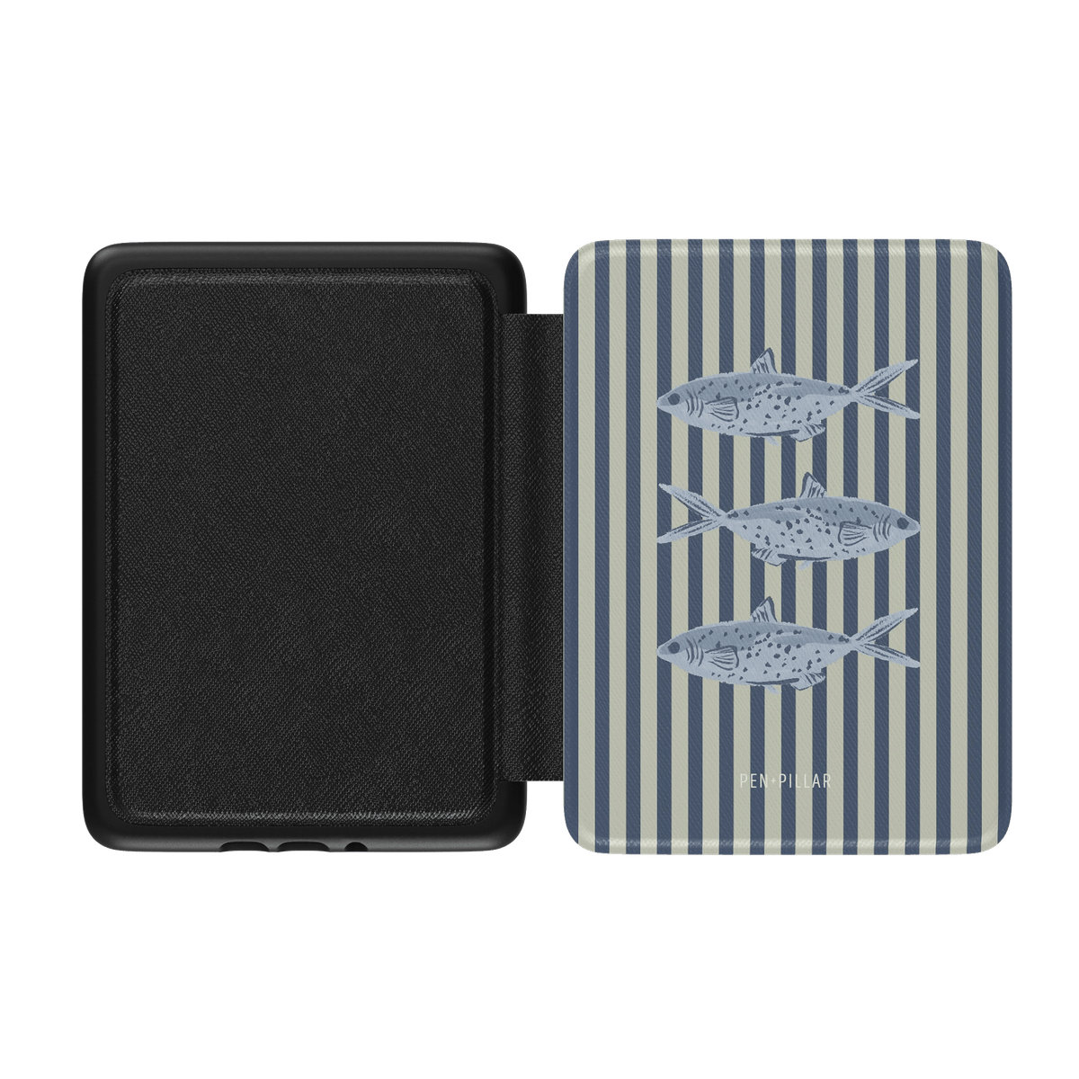 Sea Stripes Kindle case featuring a striped design with fish illustrations in blue and gray tones, open view.