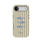 Personalized iPhone case featuring sea stripes and three fish illustrations in blue and beige tones with the name "Piper.