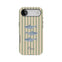 Personalized iPhone case featuring sea stripes and three fish illustrations in blue and beige tones with the name "Piper.