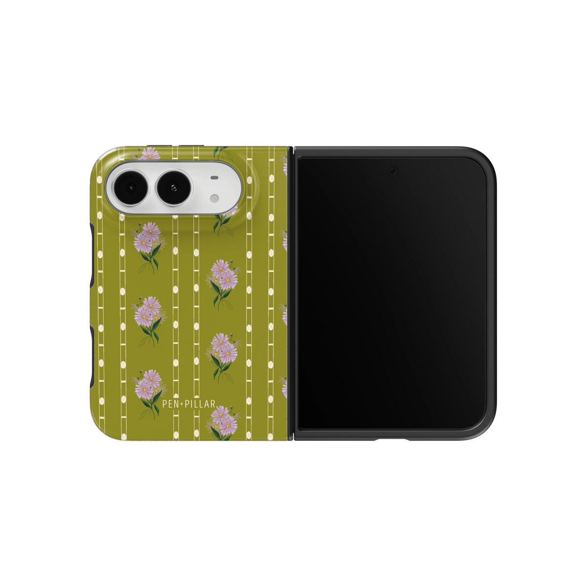 September Birth Month iPhone 18 Duo case on an unfolded iPhone 18 Duo, back and screen side by side: pink flowers in columns on olive green stripes