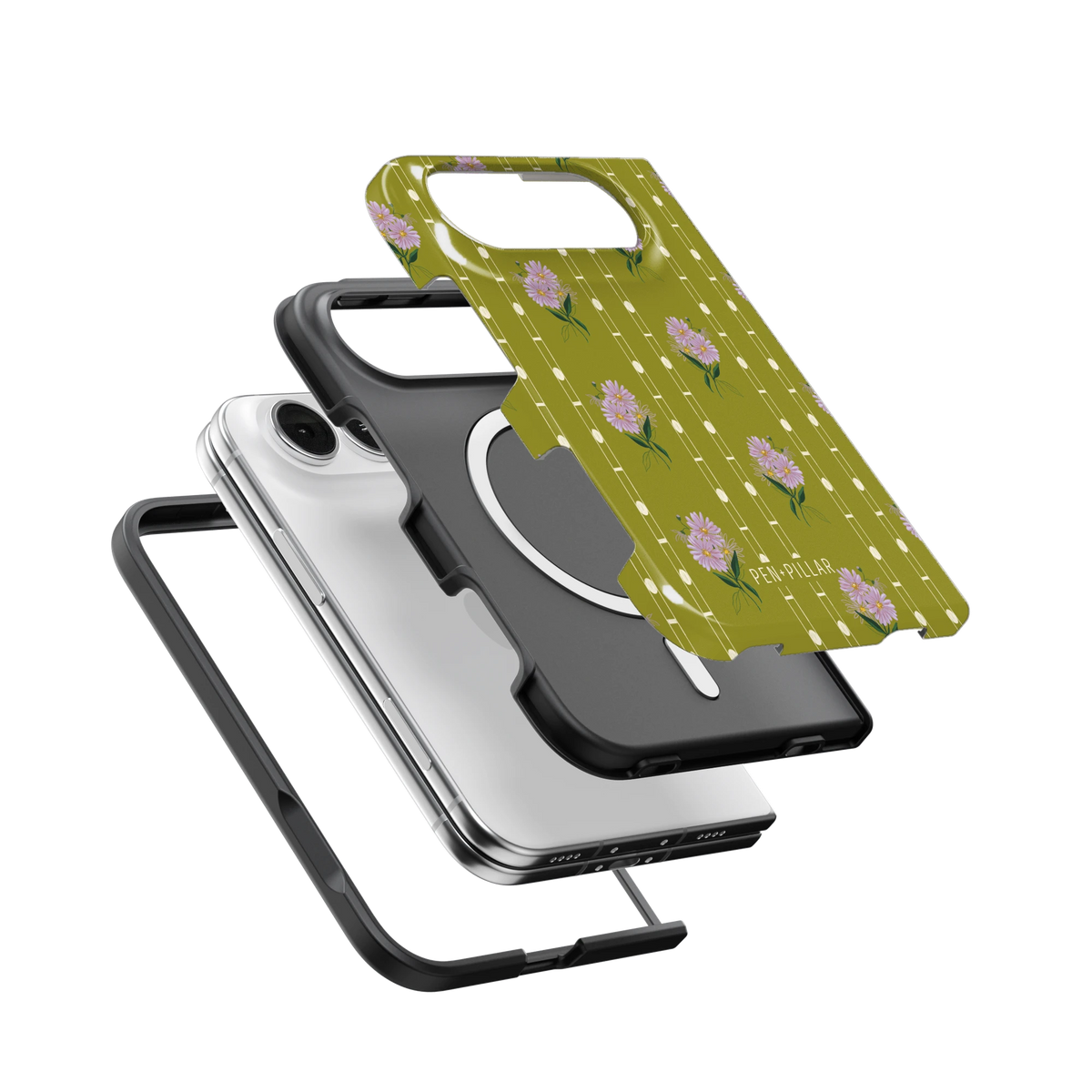 September Birth Month iPhone 18 Duo case, exploded view of the printed shell, black inner layer with MagSafe ring, and phone