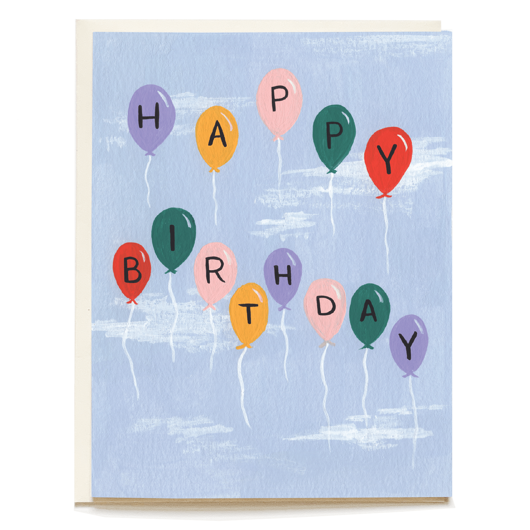 Sky High Birthday Card featuring colorful balloons and the text "Happy Birthday" on a light blue background.