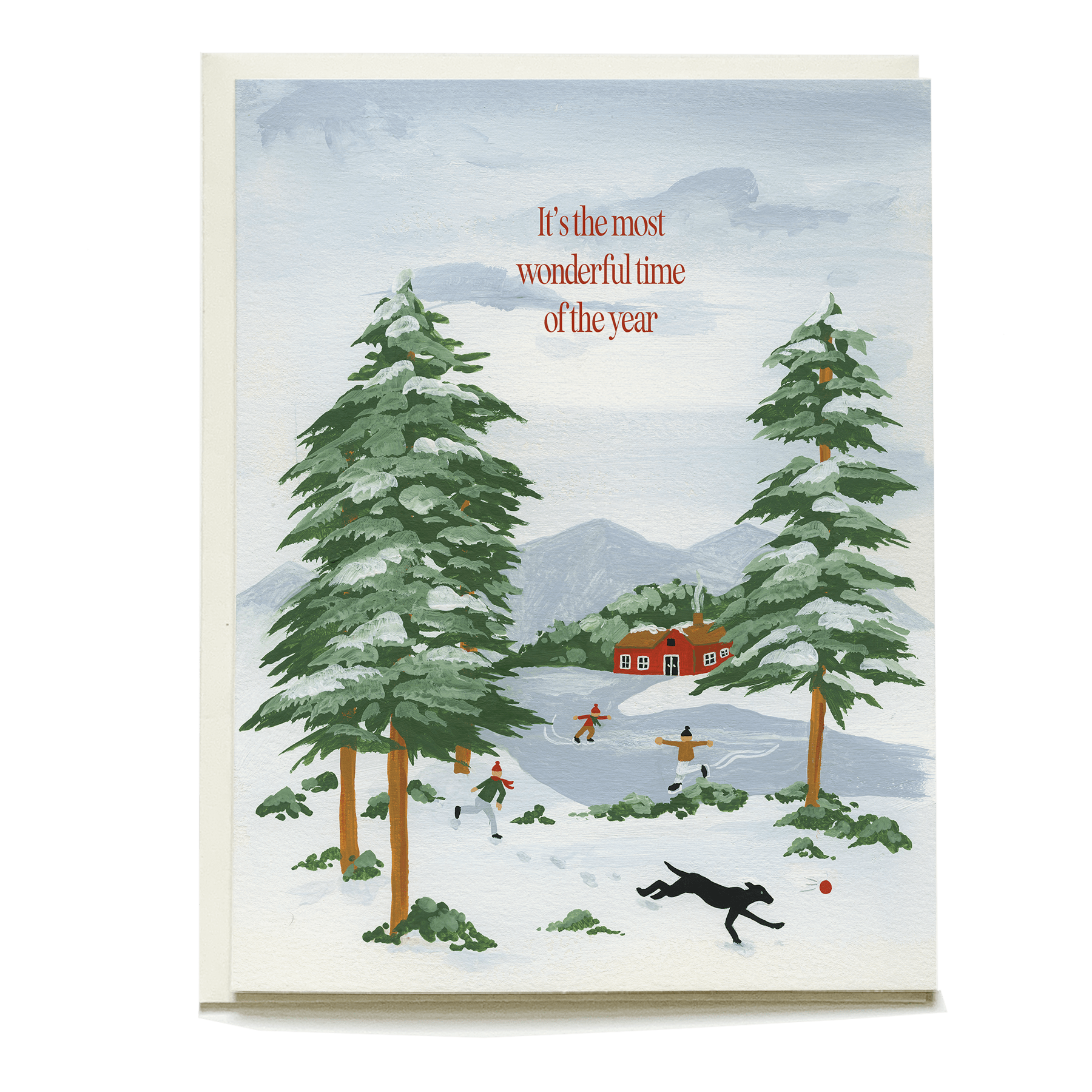 Snow Day Holiday Card featuring snowy landscape, pine trees, children playing, and a black dog with red text above.