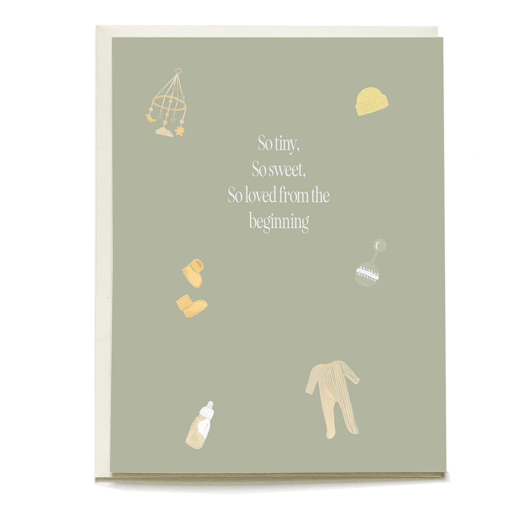So Loved Baby Card featuring a soft green background with baby-themed illustrations and text in white.