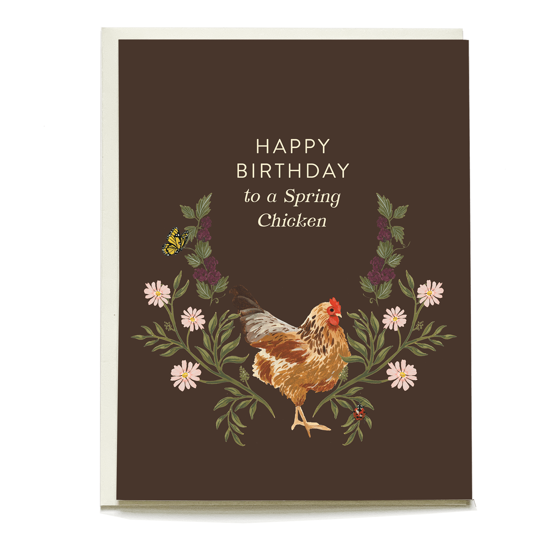 Happy birthday card featuring a chicken surrounded by flowers and a bee on a dark brown background.