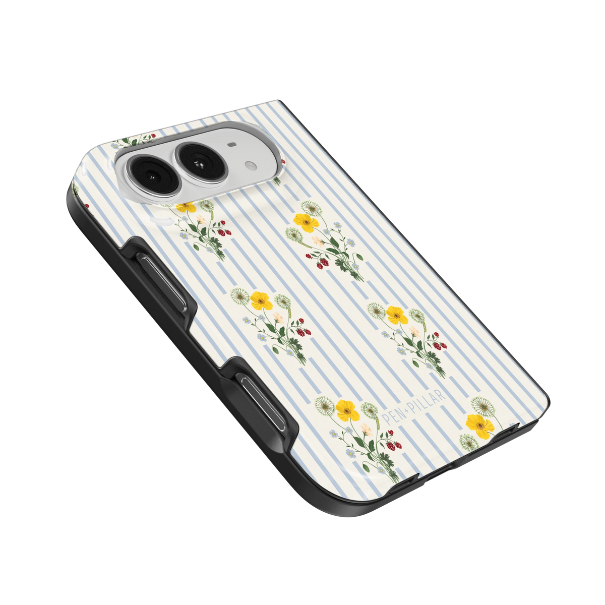 Springtide iPhone 18 Duo case, angled view showing the camera surround and side buttons