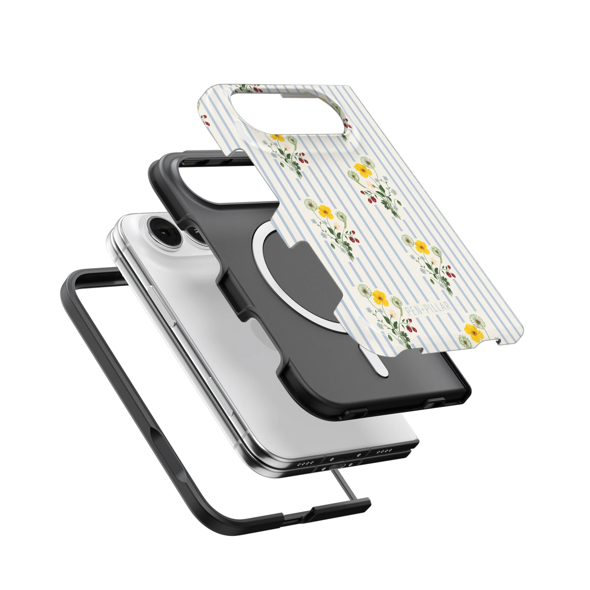 Springtide iPhone 18 Duo case, exploded view of the printed shell, black inner layer with MagSafe ring, and phone