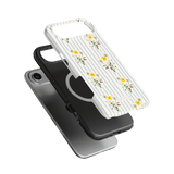 Springtide iPhone case featuring a floral design with yellow flowers on a striped background, stacked with a black case.