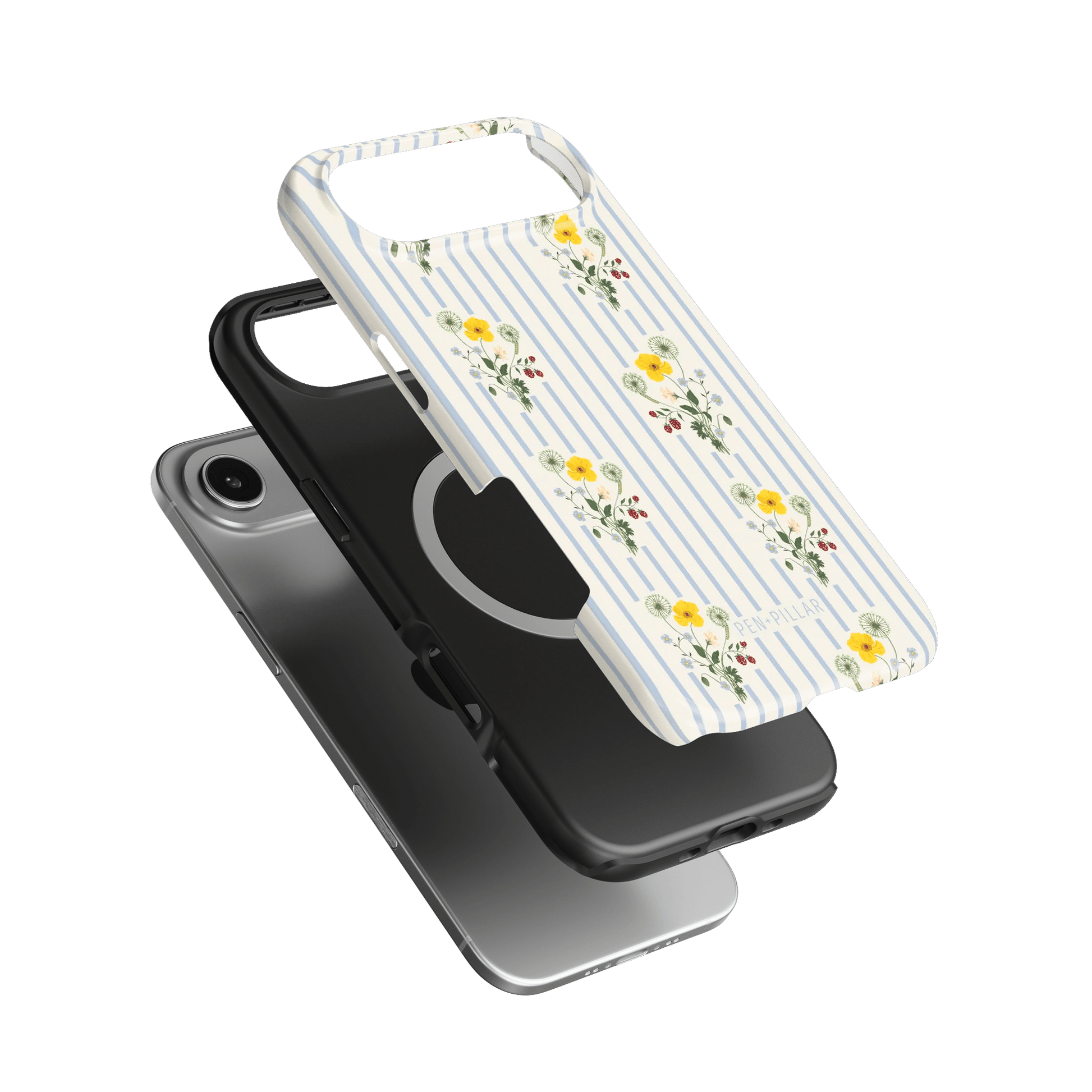 Springtide iPhone case featuring a floral design with yellow flowers on a striped background, stacked with a black case.