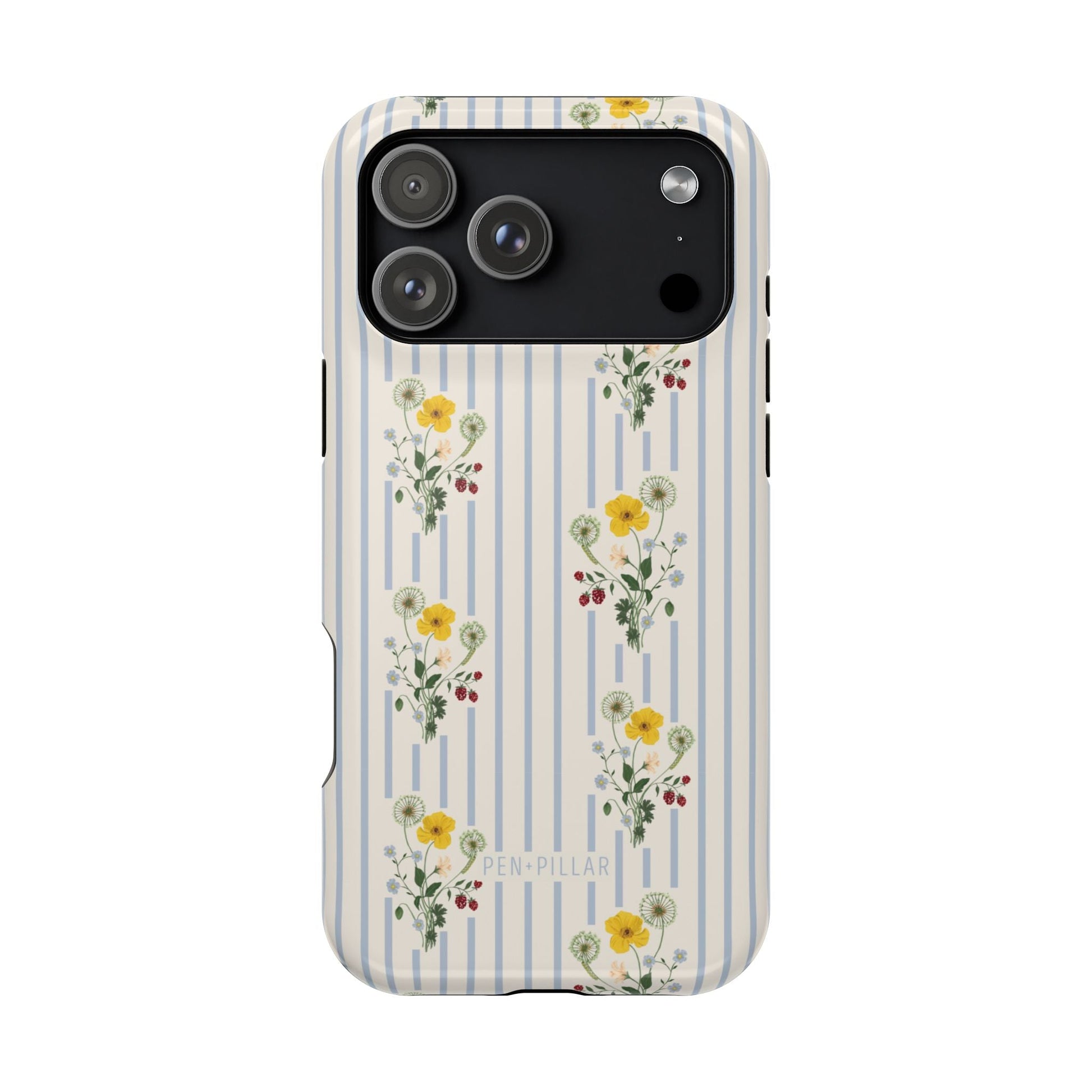 Springtide iPhone case featuring a floral design with yellow and green flowers on a striped background.