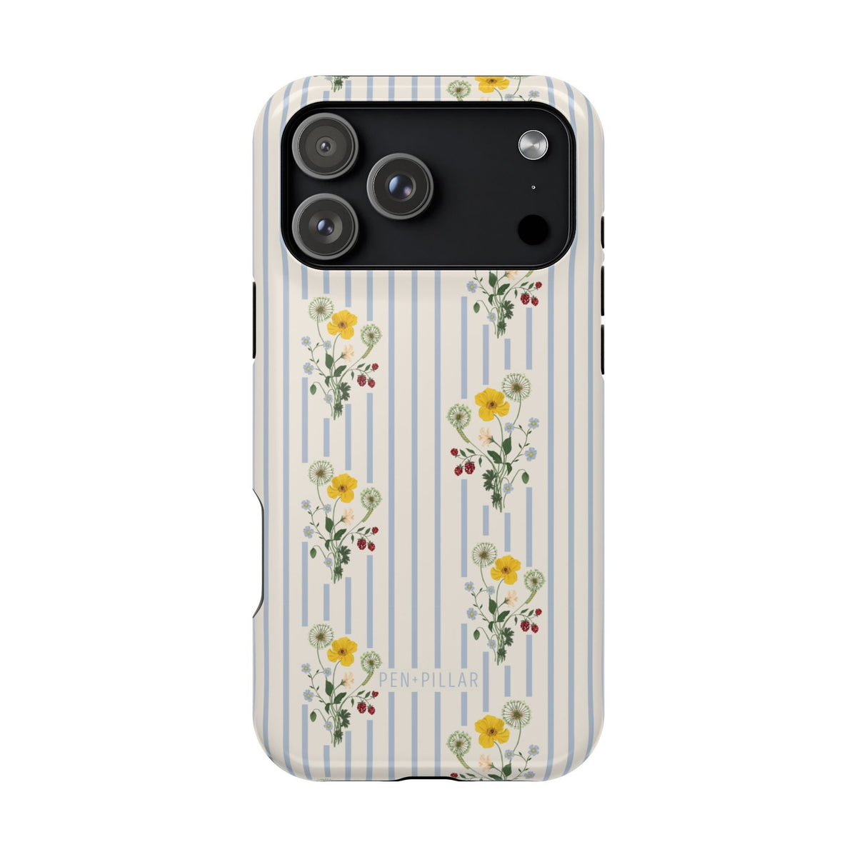 Springtide iPhone case featuring a floral design with yellow and green flowers on a striped background.