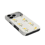 Springtide iPhone case featuring a floral design with yellow flowers and blue stripes on a white background.