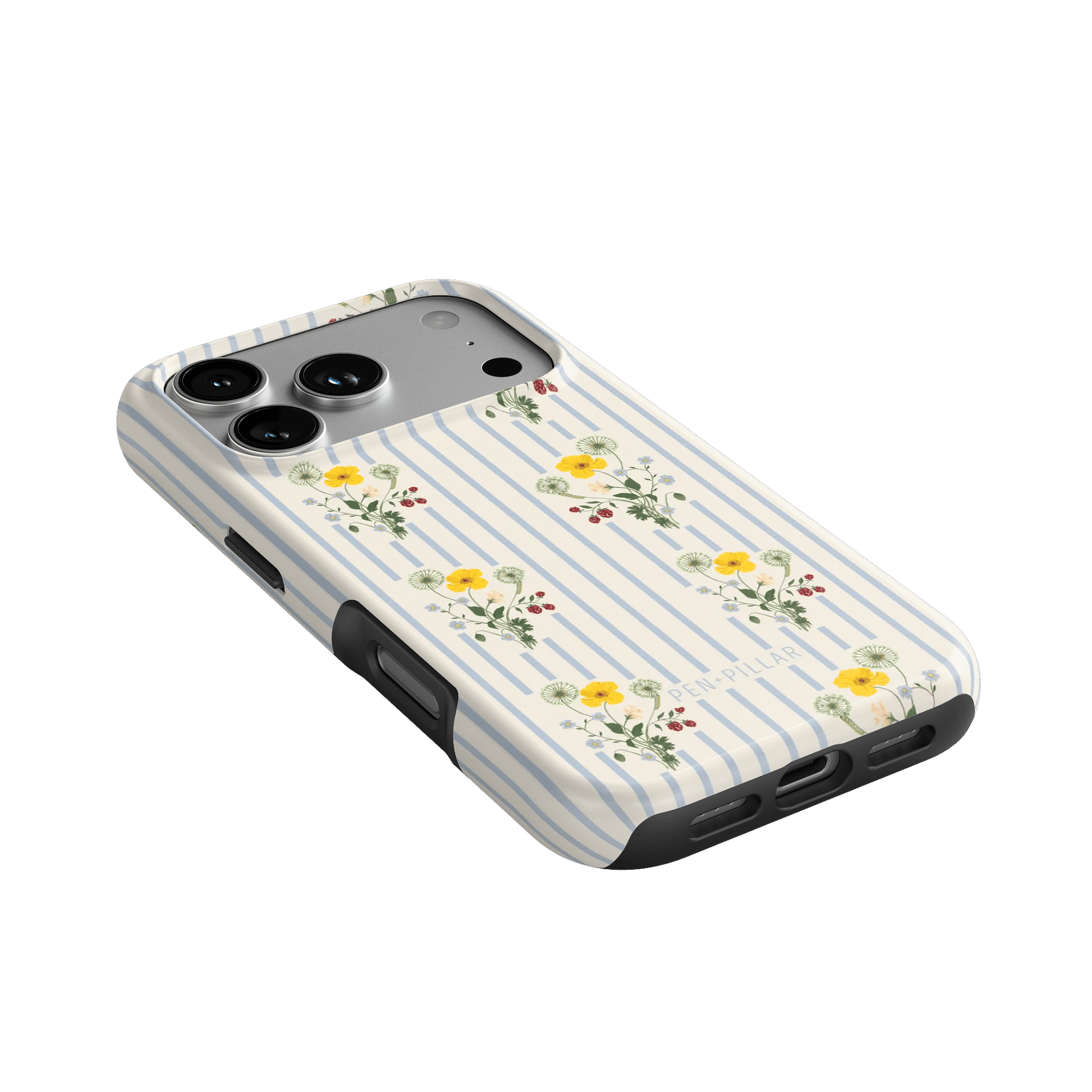 Springtide iPhone case featuring a floral design with yellow flowers and blue stripes on a white background.