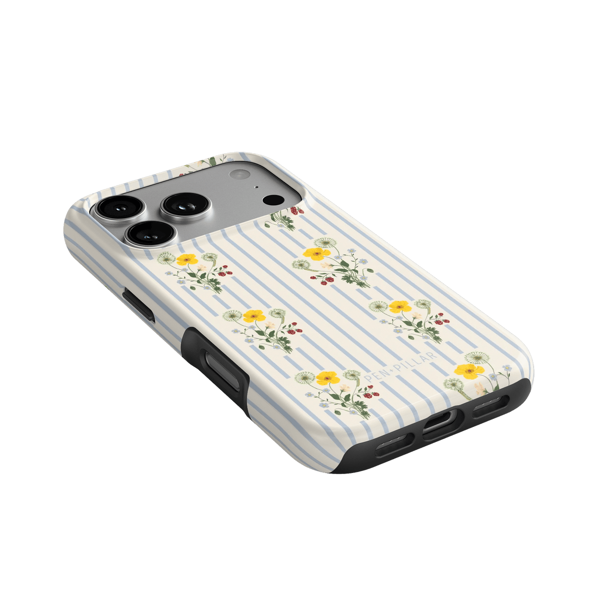 Springtide iPhone case featuring a floral design with yellow flowers and blue stripes on a white background.