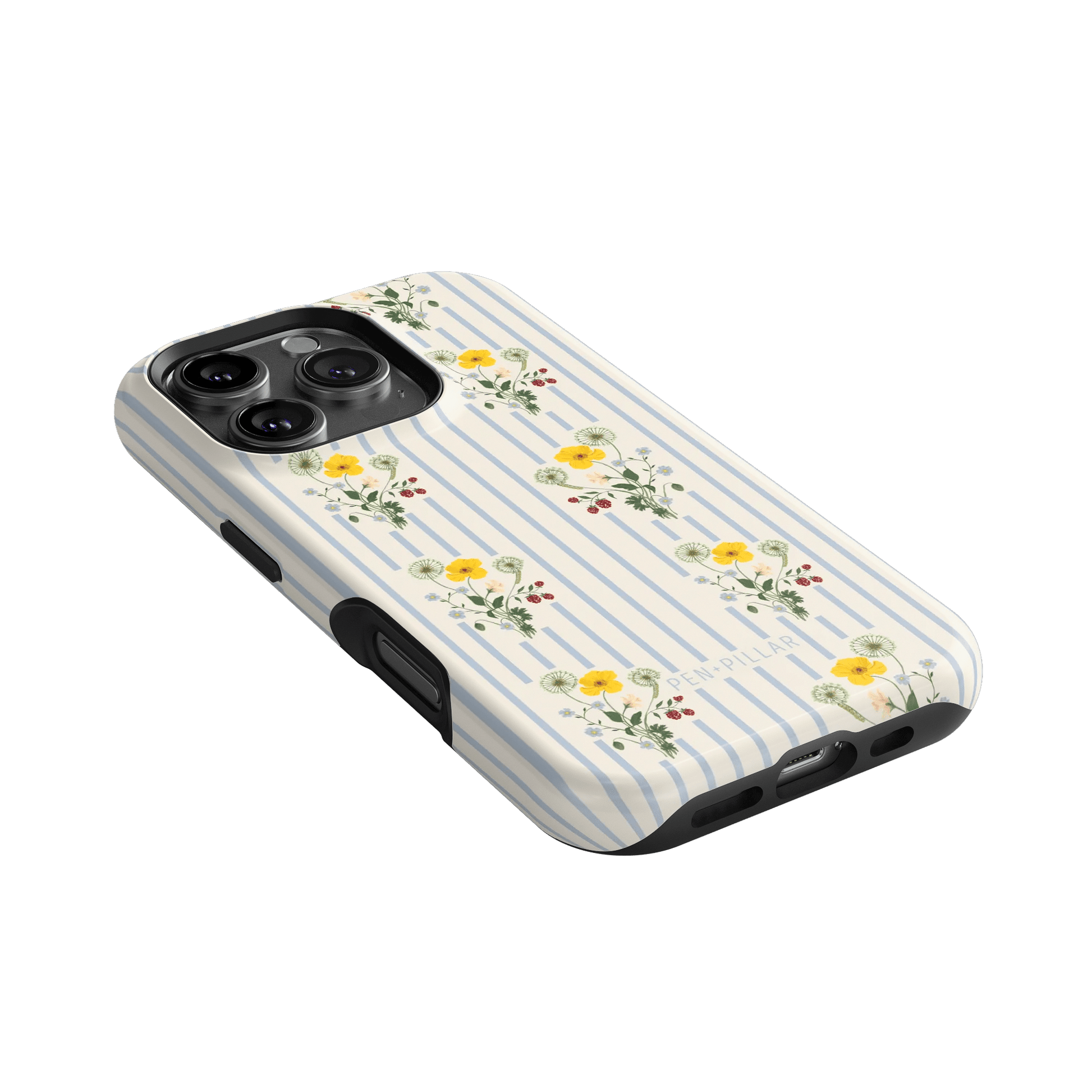 Springtide iPhone case featuring a floral design with yellow flowers on a striped background.