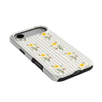 Springtide iPhone case featuring a floral design with yellow flowers and blue stripes on a white background.