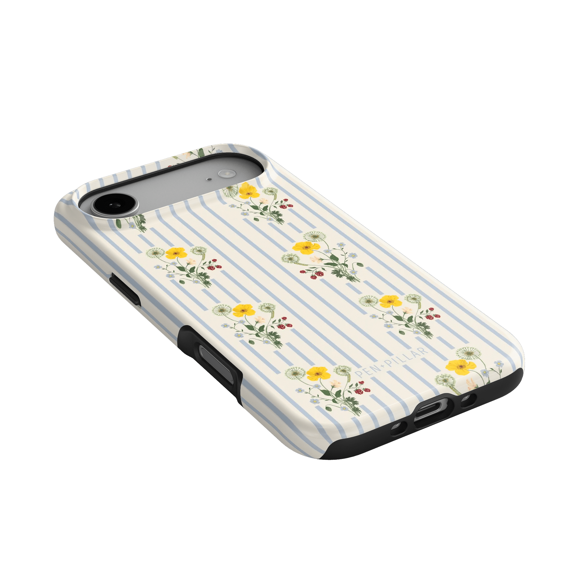 Springtide iPhone case featuring a floral design with yellow flowers and blue stripes on a white background.