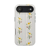 Springtide iPhone case featuring a floral design with yellow and green flowers on a striped background.