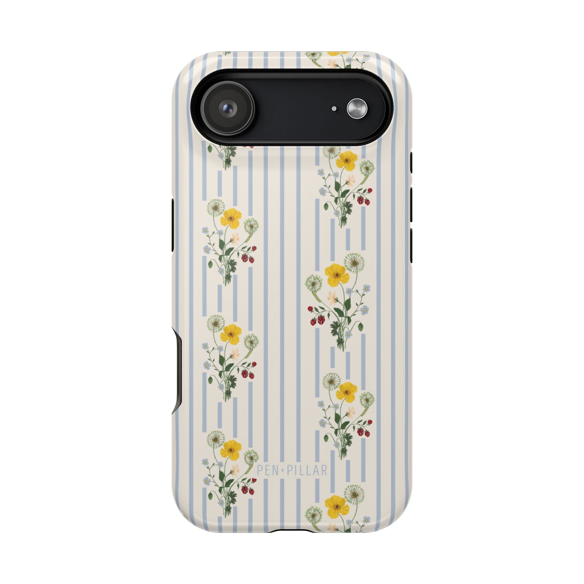 Springtide iPhone case featuring a floral design with yellow and green flowers on a striped background.