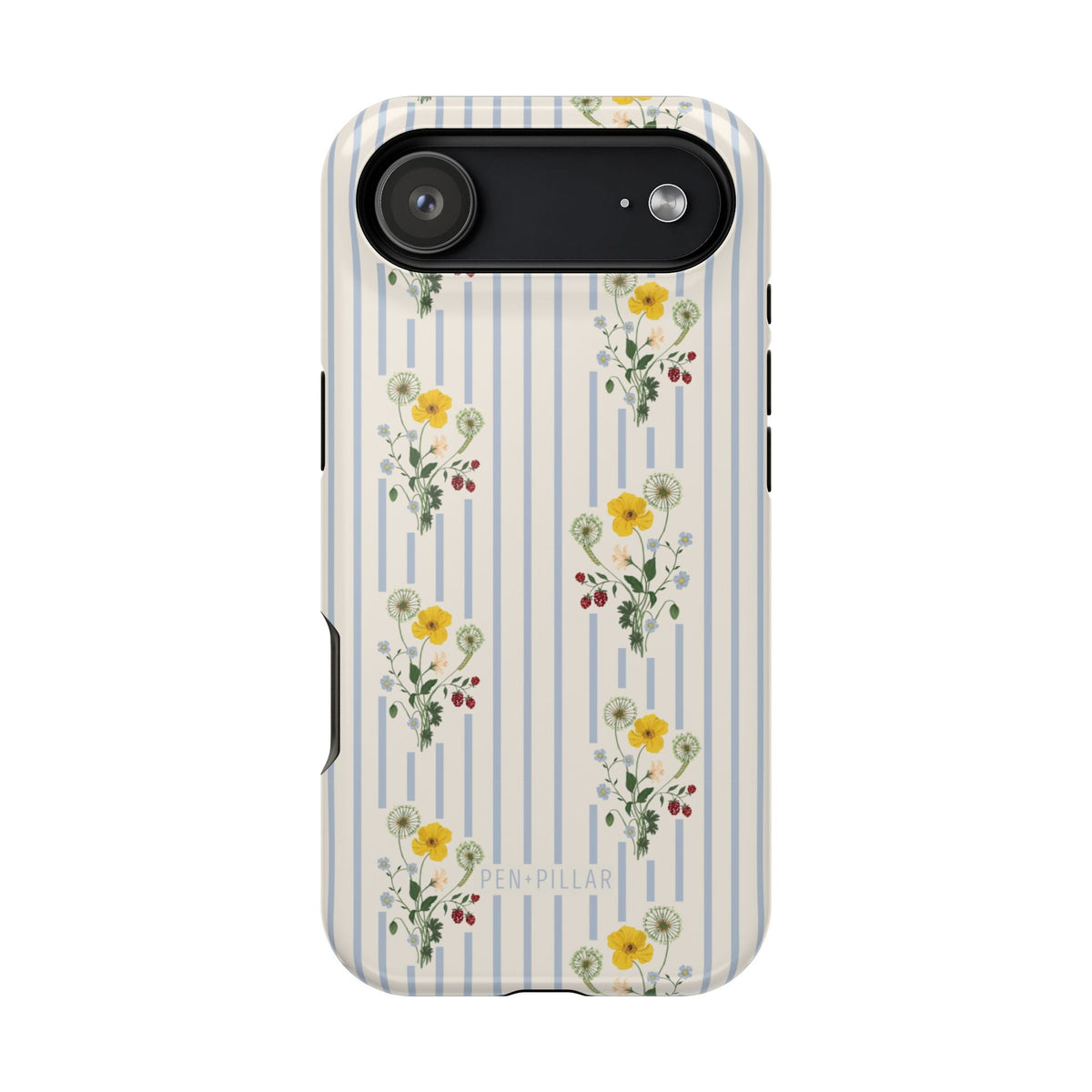 Springtide iPhone case featuring a floral design with yellow and green flowers on a striped background.