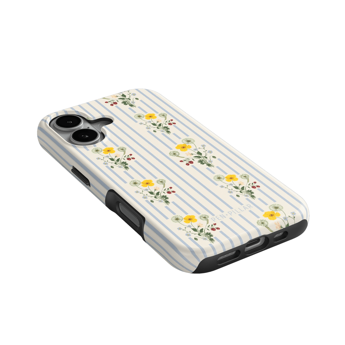 Springtide iPhone case with a floral design and blue stripes, angled view showing buttons and ports.