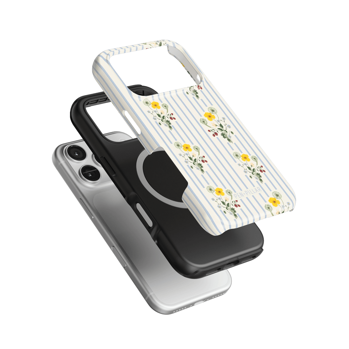 Springtide iPhone case featuring a floral design with yellow flowers on a striped background, layered over black and silve...