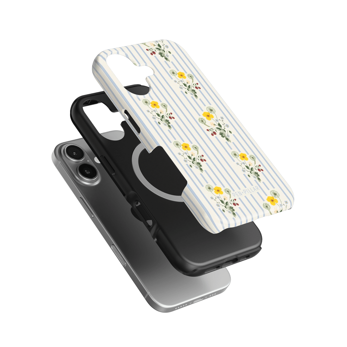 Springtide iPhone case featuring a floral design with yellow flowers on a striped background, stacked with two other cases.