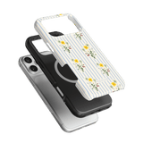 Springtide iPhone case featuring a floral design with yellow and red flowers on a striped background.