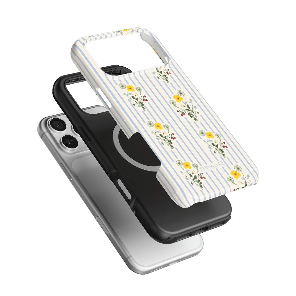 Springtide iPhone case featuring a floral design with yellow and red flowers on a striped background.