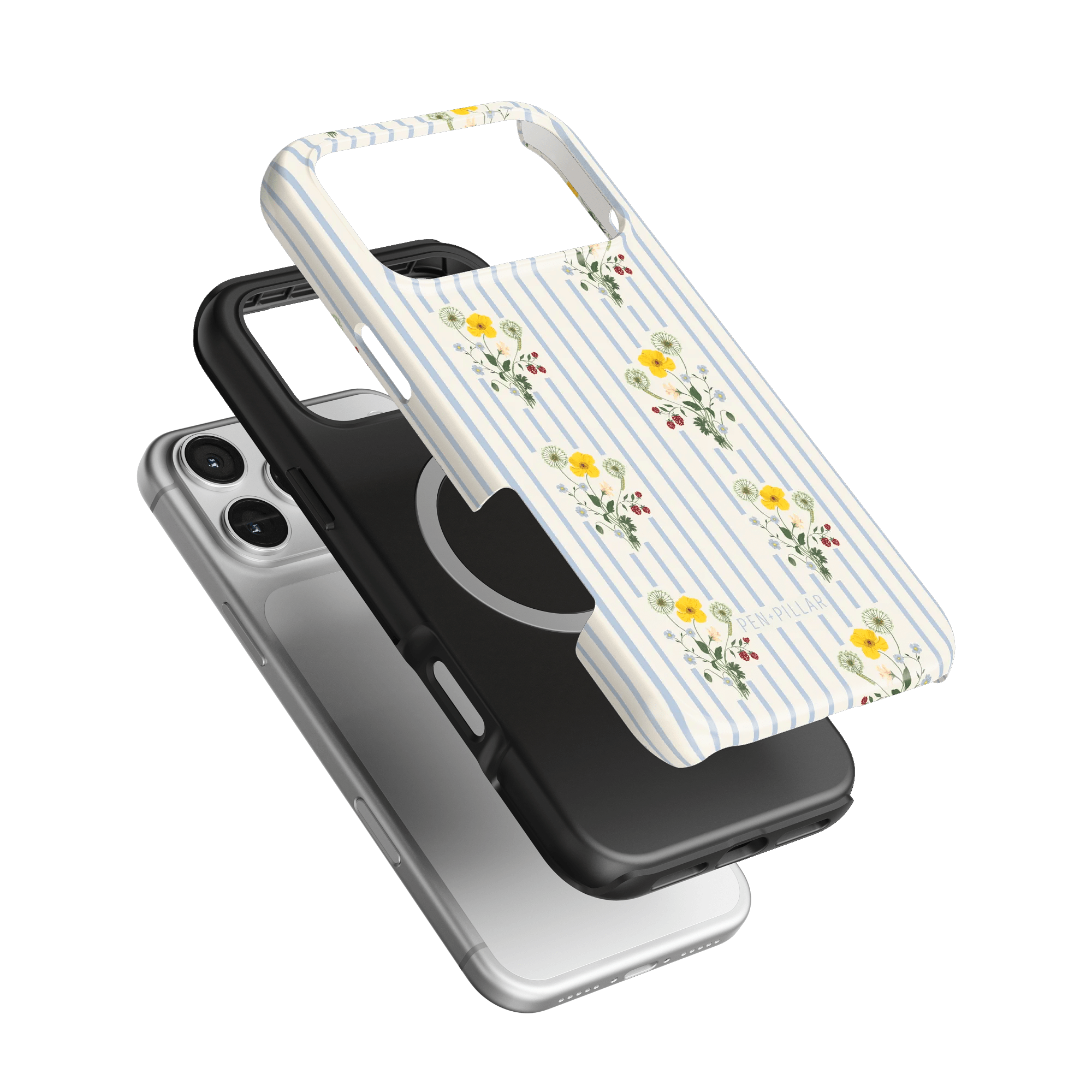 Springtide iPhone case featuring a floral design with yellow and red flowers on a striped background.