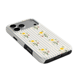Springtide iPhone case with a floral design on a striped background, showing side and back angles.